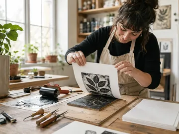 Woman creates artwork in a bright studio.
