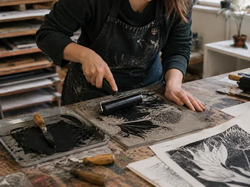 Artist using roller on linoleum block print.
