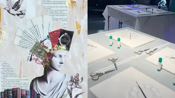 Collage and art setup in artistic environment.