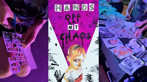 Collage-Erstellung, Hände arbeiten, Kunstbedarf sichtbar.
