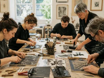Gruppe erstellt Kunstdrucke im Studio.
