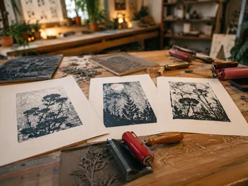Art prints and tools on a wooden table.
