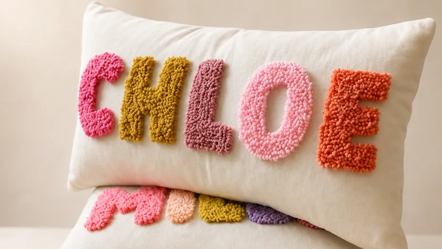 Pillow with textured letters 'CHLOE' on couch.