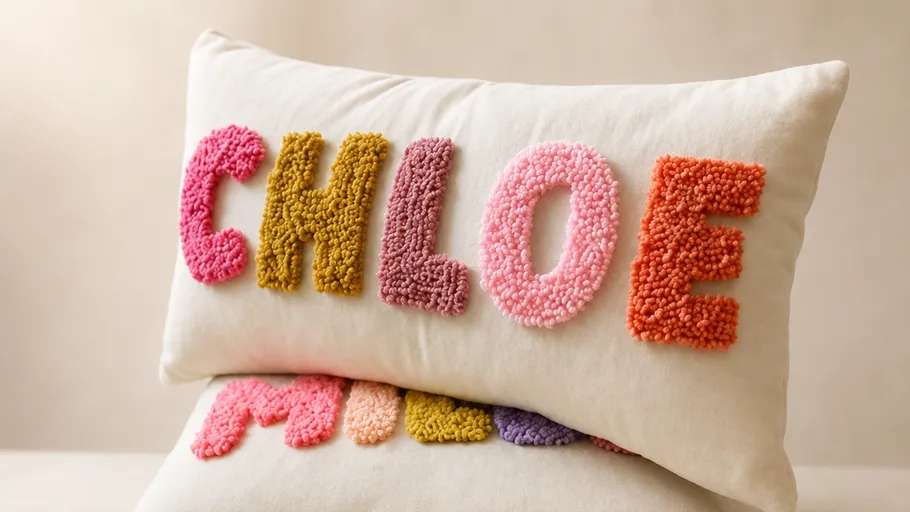 Two pillows with colorful tufted names on bed.