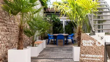 Potted palm trees lining a workshop entrance.
