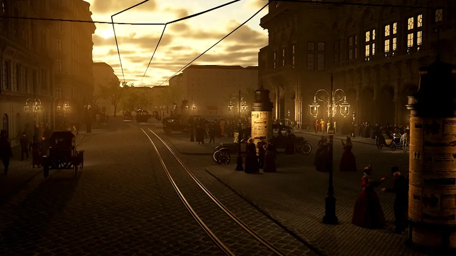 Straßenszene mit Menschen bei Sonnenuntergang.
