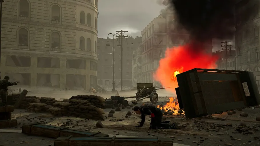 Soldat kniet in kriegszerstörter Stadtstraße.