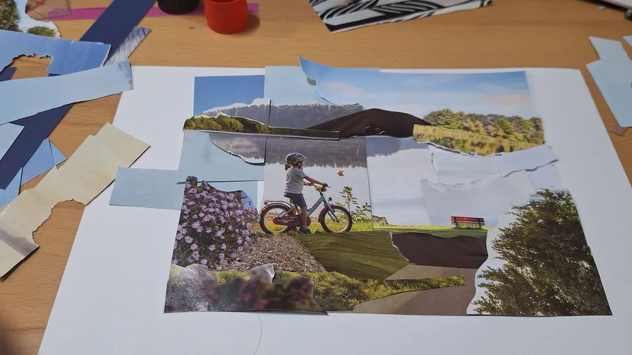 Collage of child cycling in natural scenery.