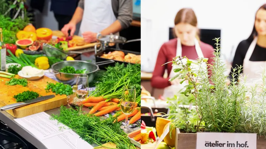 Cooking class with fresh vegetables and herbs.