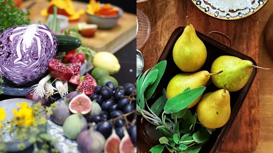 Fruits and vegetables on kitchen counter.