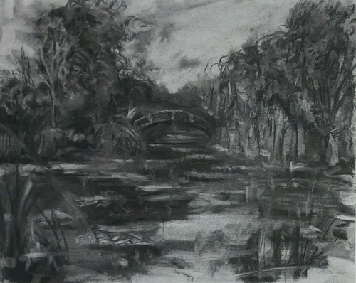 Charcoal drawing of a bridge over a river.