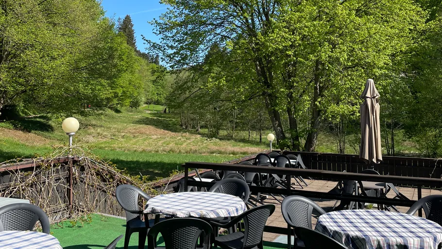 Leere Terrasse mit Tischen, umgeben von Bäumen.