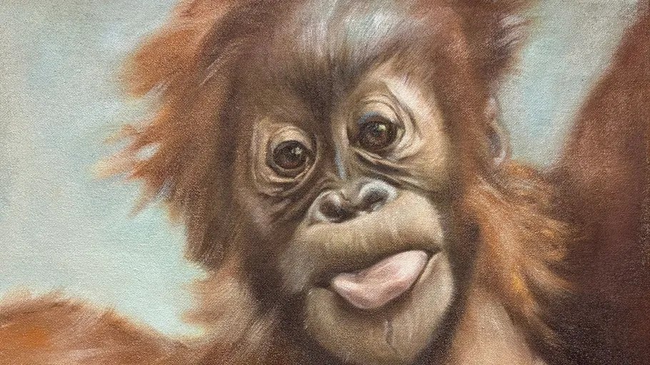 Orangutan making a playful face on canvas.