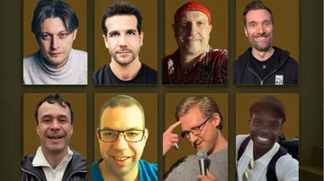 Acht Männer in fotografiertem Raster mit unterschiedlichen Ausdrücken.
