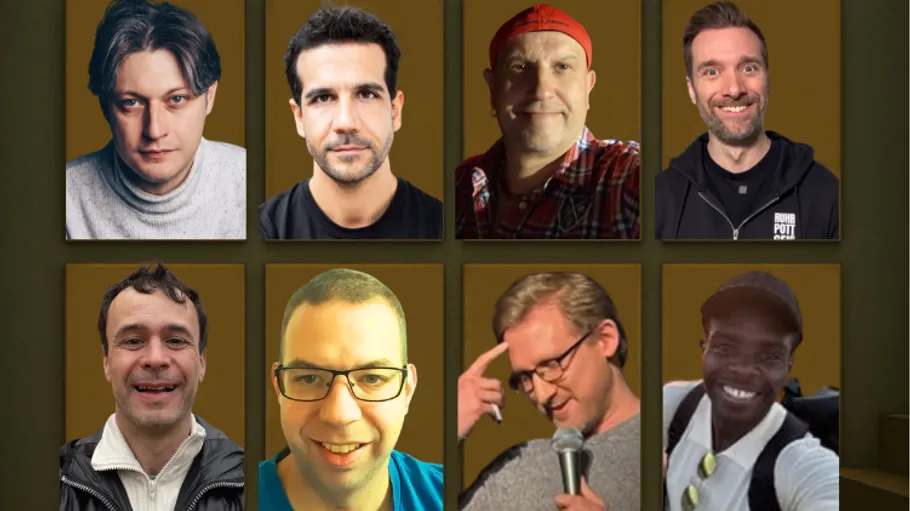 Acht Männer in fotografiertem Raster mit unterschiedlichen Ausdrücken.