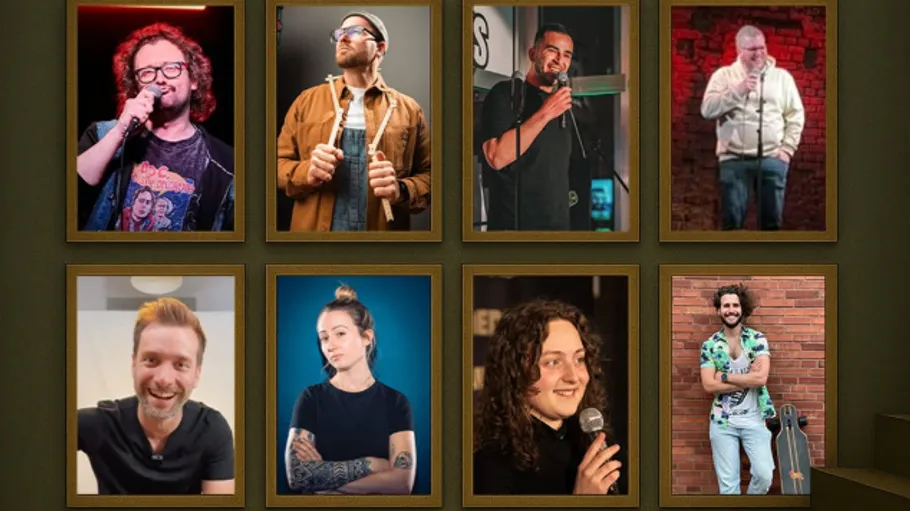 Eight comedians performing and smiling.