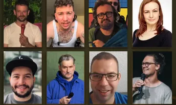 Collage von acht Personen, einige halten Mikrofone.