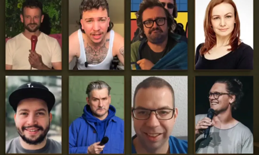 Collage of eight people, some holding microphones.
