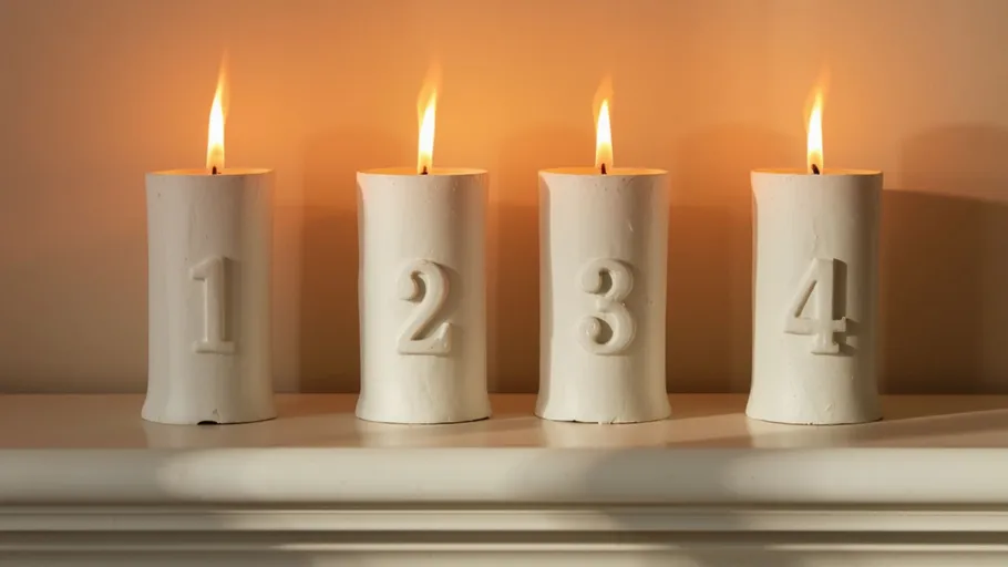 Four numbered candles burning on a shelf.