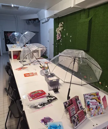 Transparent umbrellas on art studio tables.