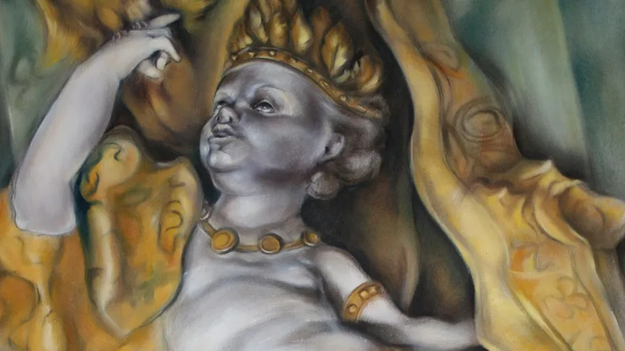 Statue eines Cherubs mit Krone im Gewand.