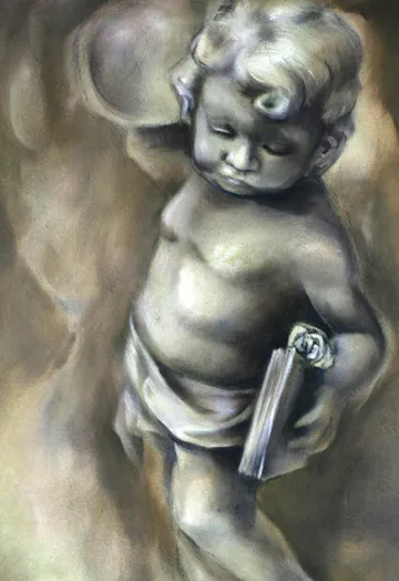 Marble cherub holding book, detailed sculpture.