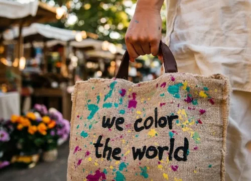 Person hält bunte Jutetasche im Freien.