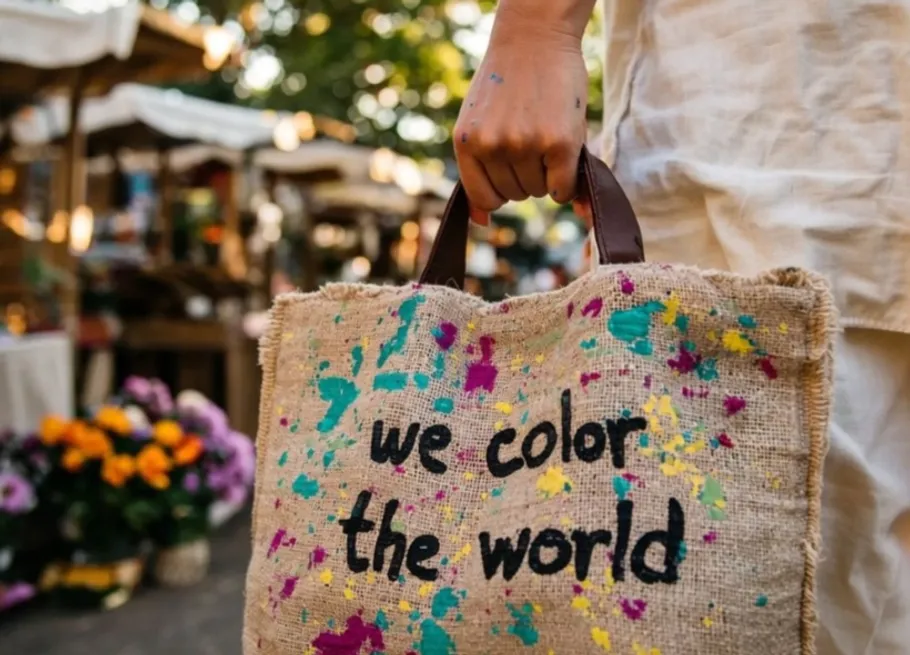Person holds colorful burlap bag outdoors.