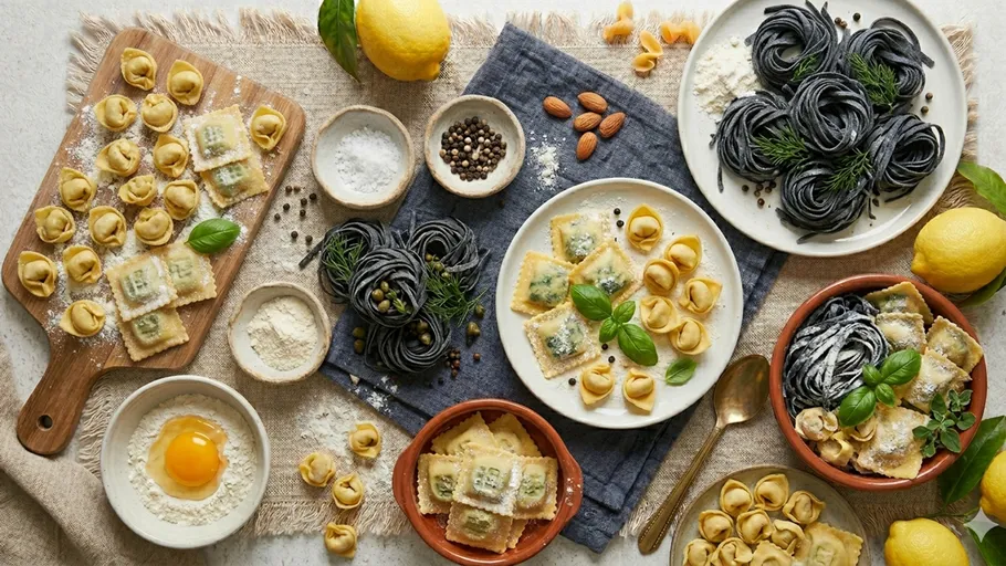 Assorted pasta dishes on a table.
