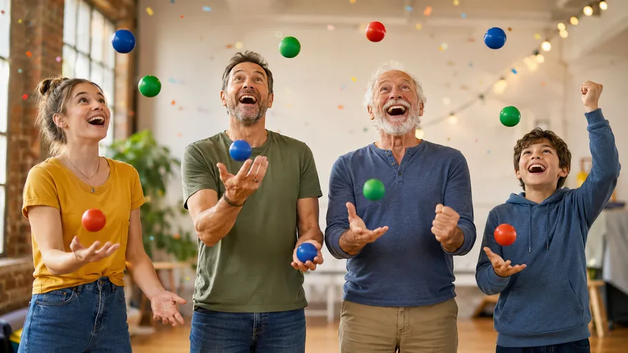Four people joyfully juggling colorful balls indoors.
