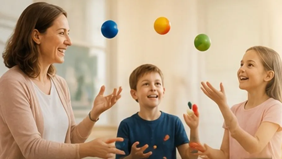 Frau und zwei Kinder jonglieren bunte Bälle drinnen.