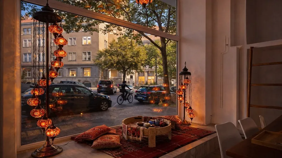 Gemütliches Café mit dekorativen Lampen und Straßenblick.