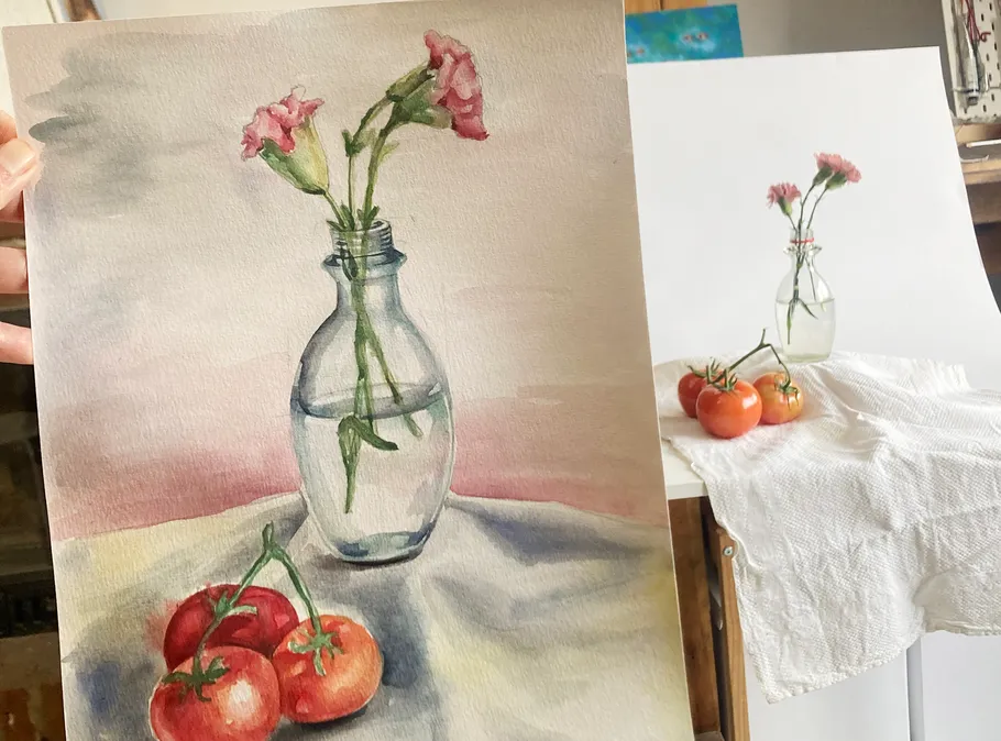 Painting and real setup of flowers and tomatoes.