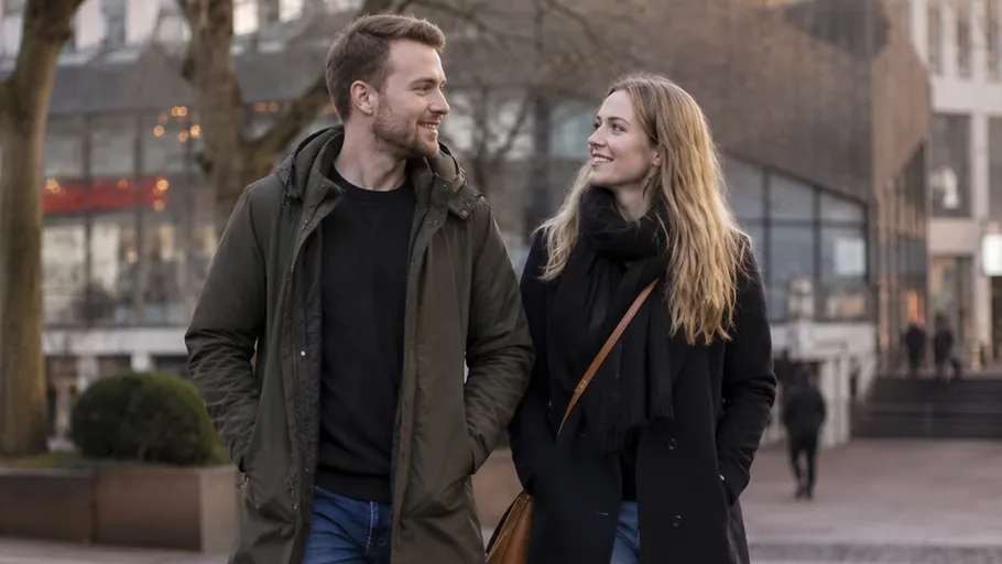 Couple walking outside, smiling at each other.