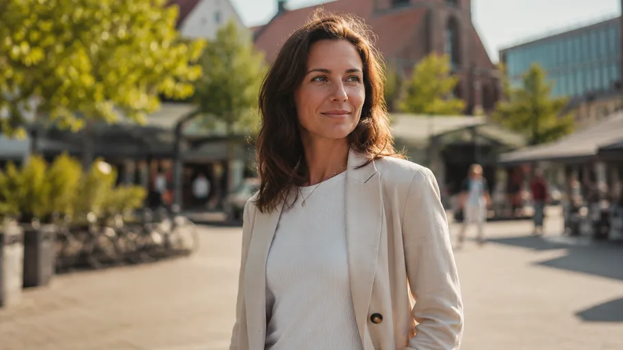 Woman smiling outdoors in urban setting.