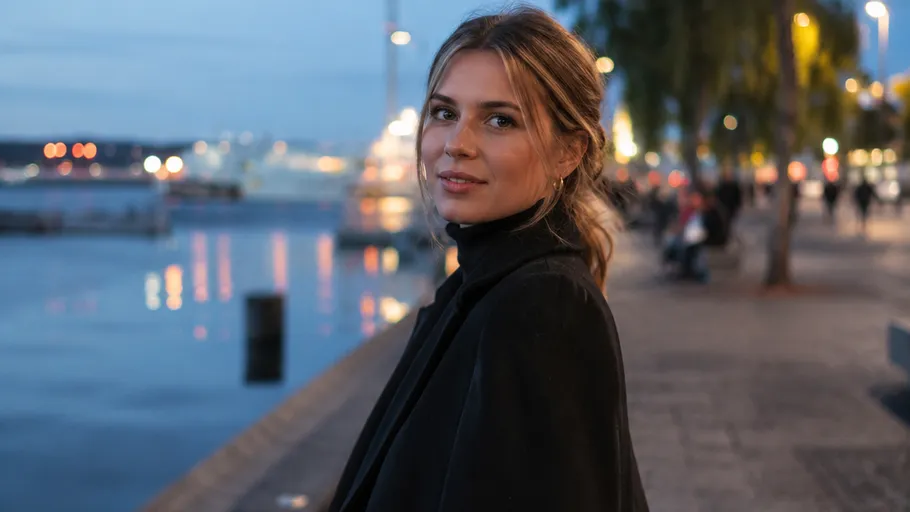 Woman walking along a riverside promenade at dusk.