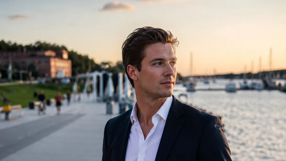 Man in suit stands by waterfront at sunset.