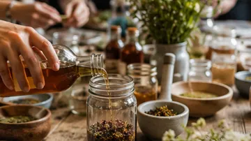 Hands pouring liquid into jar on table.