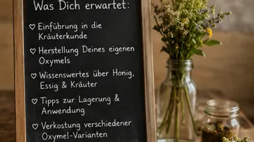 Chalkboard with workshop agenda, flowers nearby.