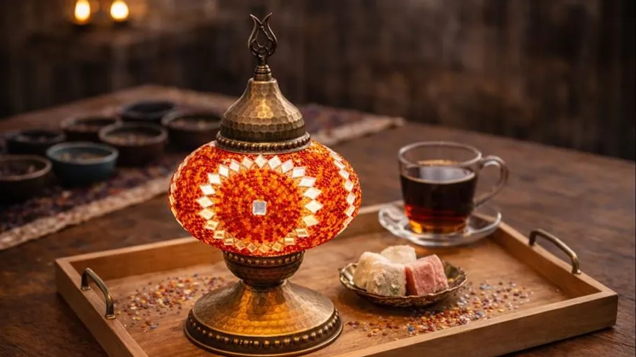 Ornate lamp on tray with tea and sweets.