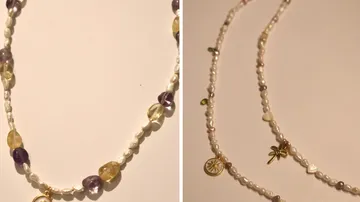 Two beaded necklaces with charms on beige background.