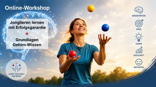 Woman juggling balls outdoors, workshop advertisement.