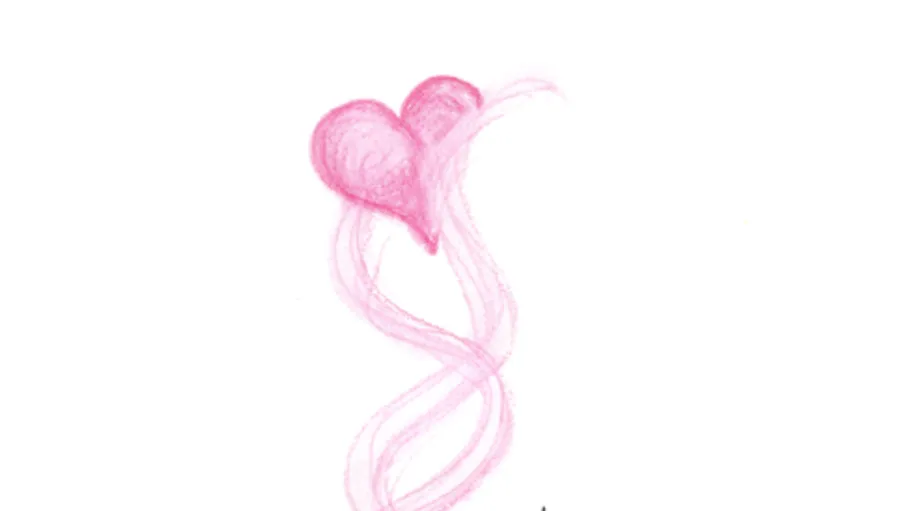 Pink heart drawing with swirling lines.