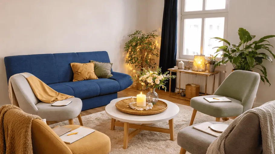 Stylish living room with blue sofa, cozy decor.