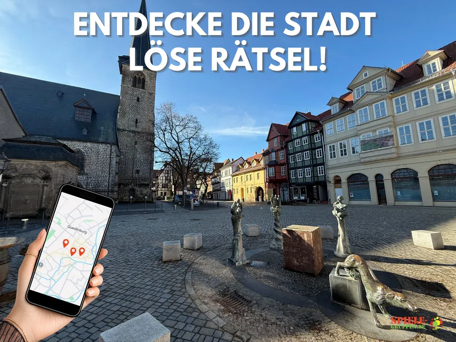 Hand holds phone with map, in a historic square.