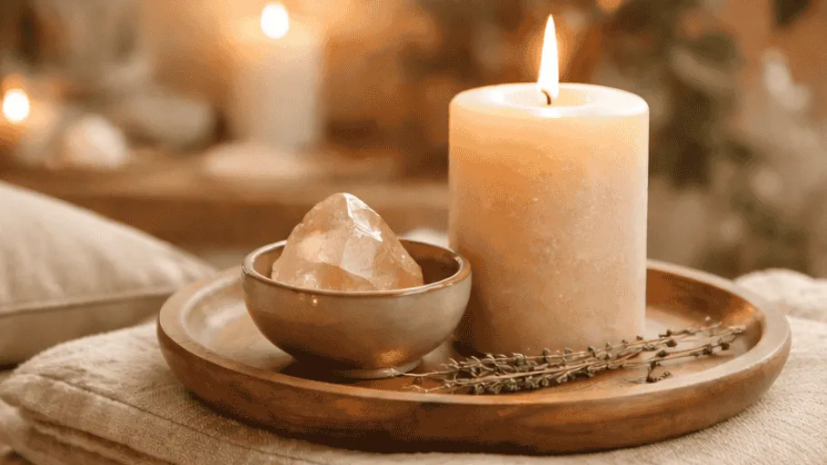 Lit candle and crystal on a wooden tray.
