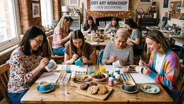 Personen bemalen Tassen in einem Kunstworkshop.