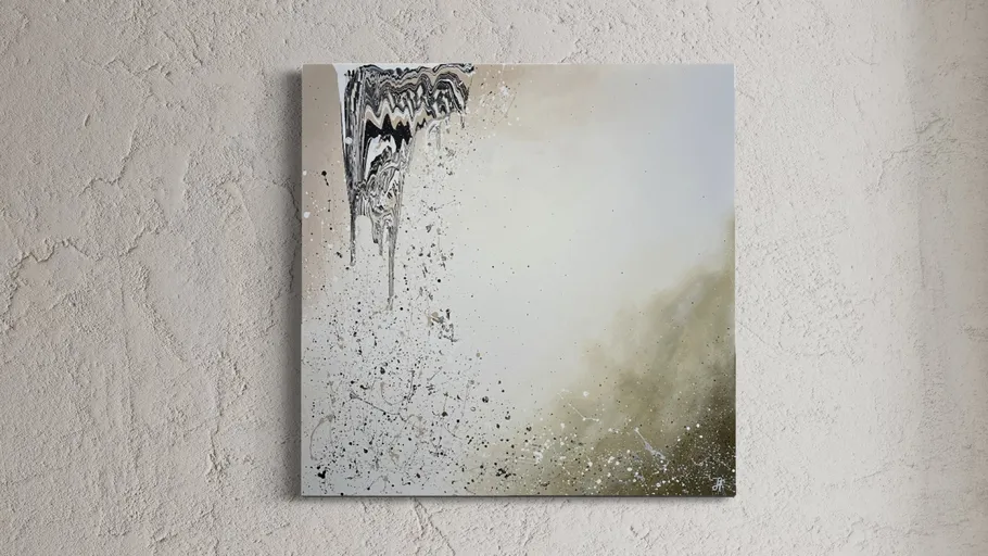 Abstract painting with dark splashes on textured wall.
