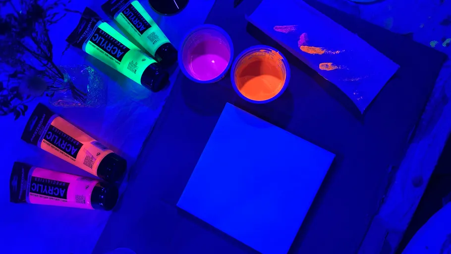 Fluorescent paints and canvas under UV light.