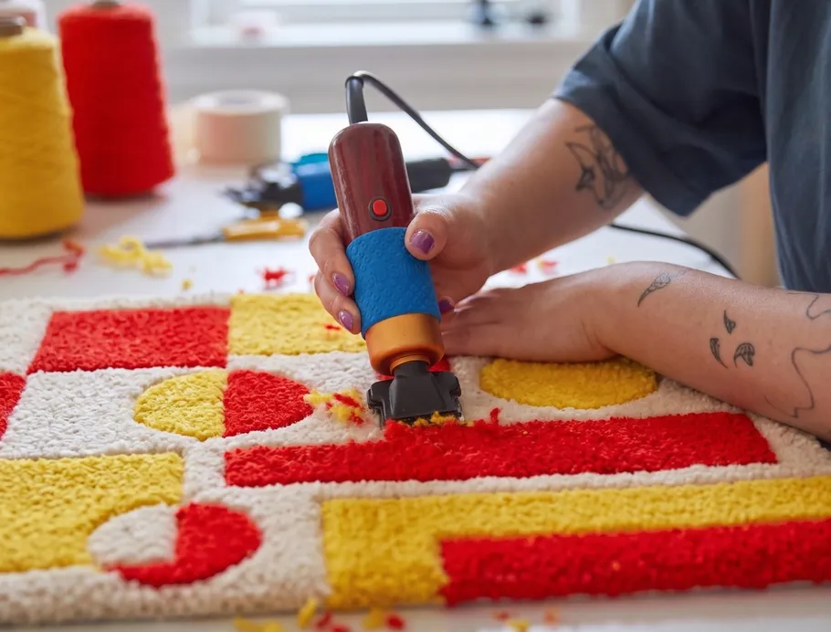 Person tufting colorful rug on a table.